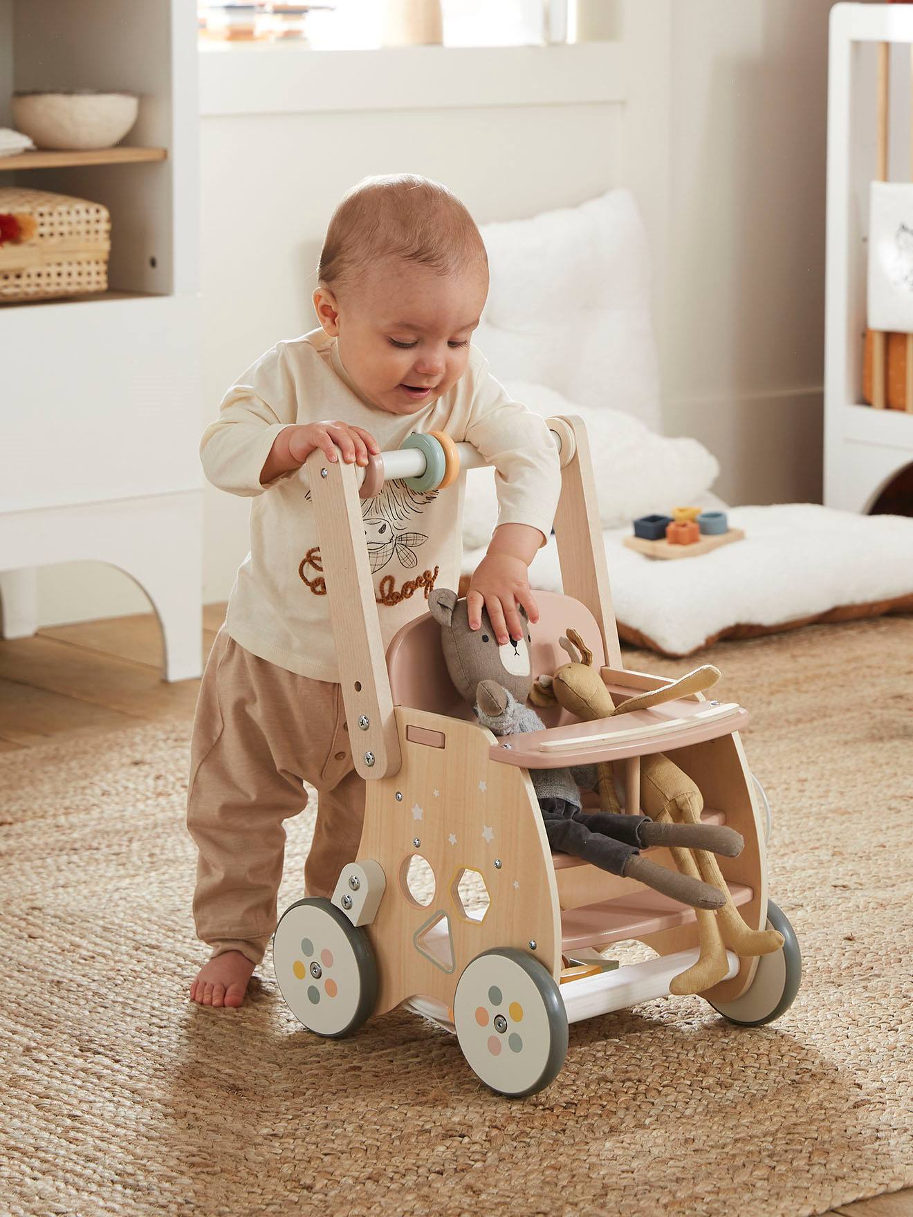 VERTBAUDET Carrito andador con silla para muñeca de madera FSC® rosado