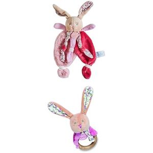 Baby Nat ' Lot : 1 Doudou Lapin Plat Poupi Rose + 1 Hochet Bois Lapin Poupi Rose Cadeau Naissance Mixte Doudous Adorables et Faciles à Attraper Idée Cadeau Bébé - Publicité