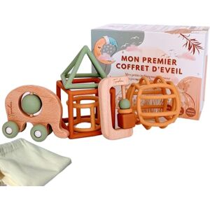 TIPICHOU Jouets d'éveil bébé 1er âge Coffret naissance mixte montessori garçon et fille 5 Jeux d'activité et de développement sensoriel bois et silicone, Balle, Formes, Hochet, Roues, 3 Mois>3 Ans - Publicité