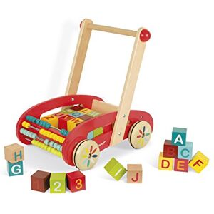 Janod Chariot de Marche Enfant en Bois ABC Buggy Tatoo 30 Cubes Inclus Dès 1 An, J05379, Rouge - Publicité