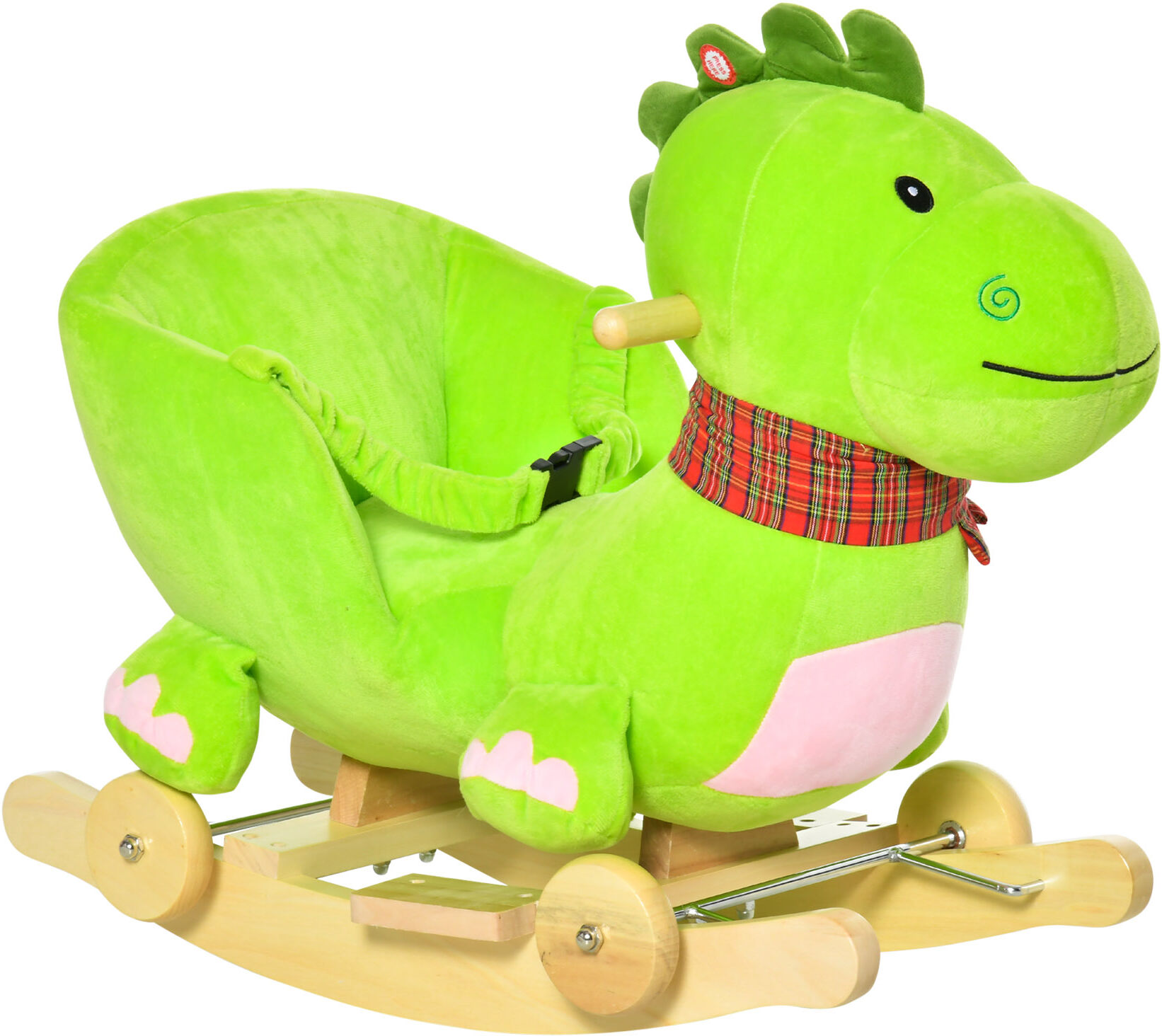 Homcom Cavallo a Dondolo con Ruote, Cavalluccio a Dondolo Drago per Bambini 18-36 Mesi, in Legno e Peluche Verde