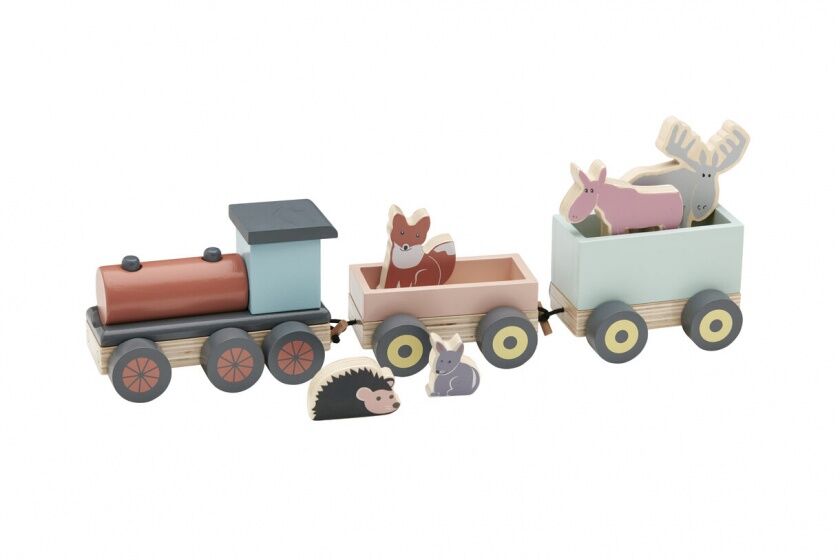 Kid's Concept houten trein met dieren Edvin 46 cm 12 delig - Multicolor