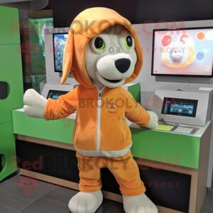 REDBROKOLY Peach Dog mascot costume character dressed with a Hoodie and Wallets