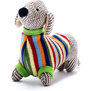 By4517 Knitted Sausage Dog Baby Rattle with Stripe Jumper, Suitable from Birth