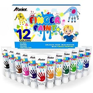 ABEIER Finger Paint for Toddlers, Non-Toxic, 12 Vibrant Colors (1.21fl oz), Baby Safe Paint for Hand and Feet, Mess Free Art Supplies for Kids, Preschool Learning Gifts, Ages 1-3 4 5 6+