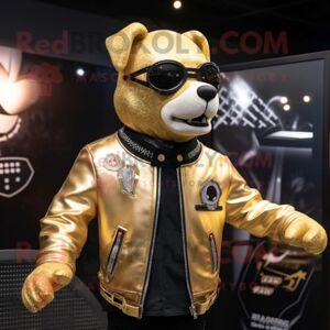 REDBROKOLY Gold Dog mascot costume character dressed with a Biker Jacket and Headbands