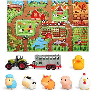 Oriate Farm Animals Transporter Tractor Carrier w/ 47.2 x 31.5 in Mat, Barnyard Animal Happy Farm Children Playmat for 3 4 5 6 Year Old Boys & Girls, 6 Pack Bath Squirter for Toddles Birthday