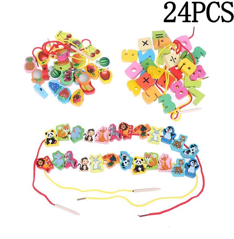 Sugar In 24Pcs baby wooden diy toy fruit animal stringing threading wooden beads toy