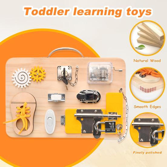 Tenfyer Baby Wooden Busy Board Unlocking Learning Fine Motor Skills Development Travel Sensory Activity Educational Board Toy Toddlers Boys Girls Gift