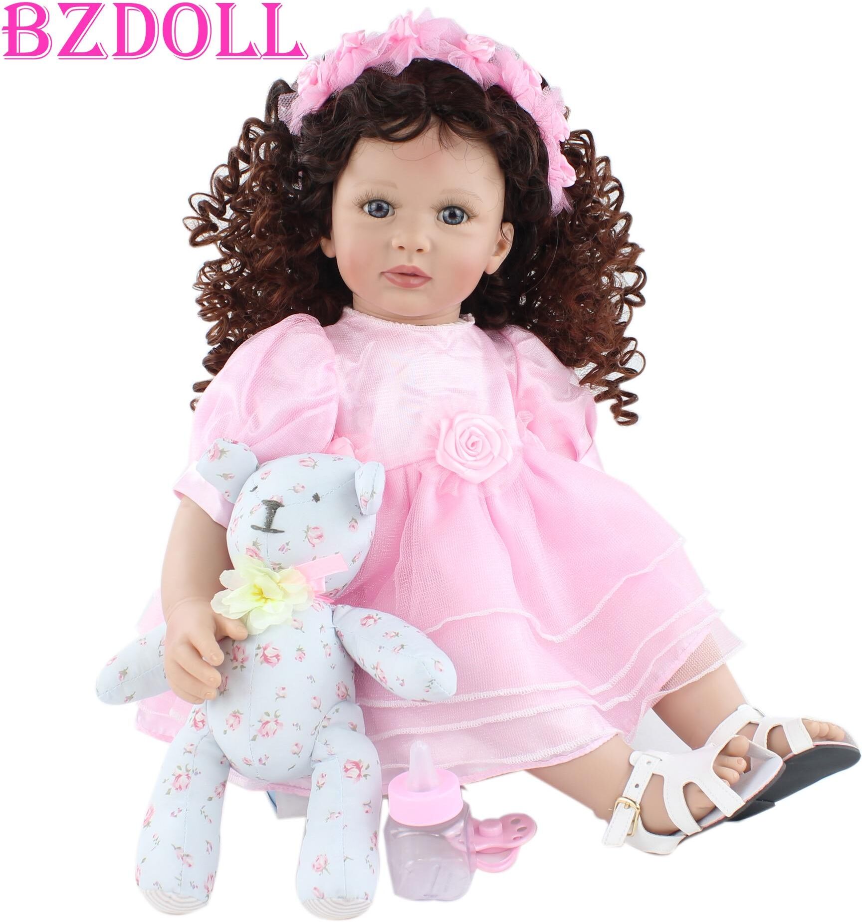 BZDOLL Reborn BZDOLL 60cm Soft Silicone Reborn Toddler Doll For Girl Cloth Body Pink Dress Princess Baby Lovely Kids Birthday Gift Play House Toy