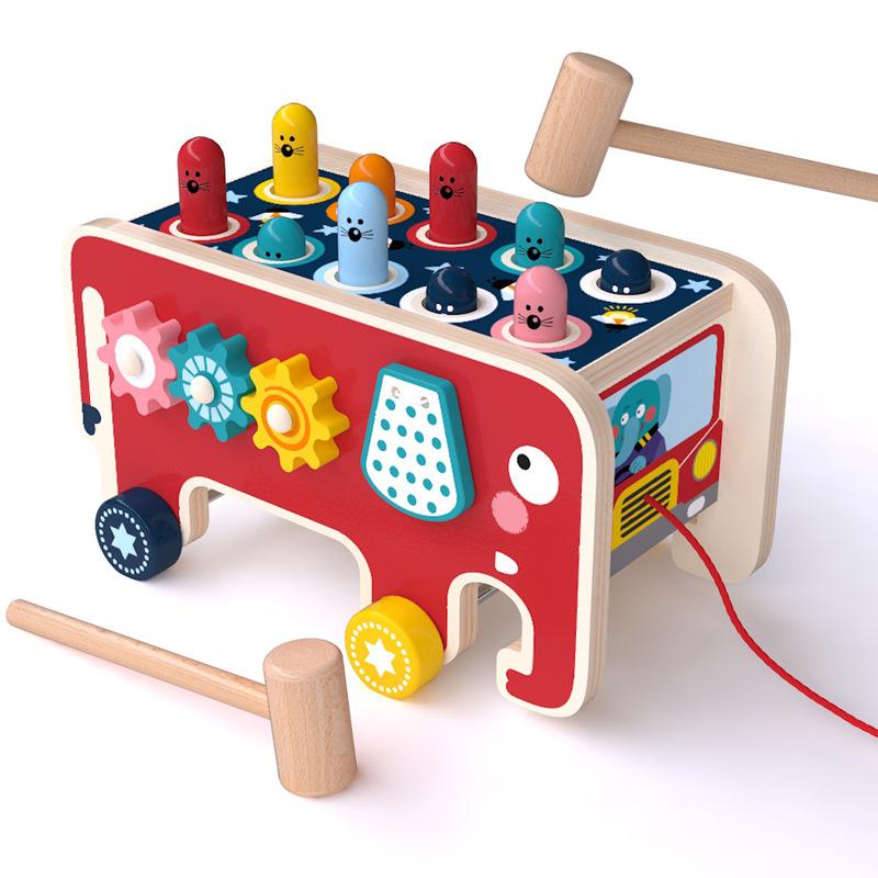 FourAll-Toys, Kids & Baby Children's Puzzle Double Hammer Digital Operation to Beat the Mole Wooden Toy Children's Elephant Drag Percussion Beat the Mole Game