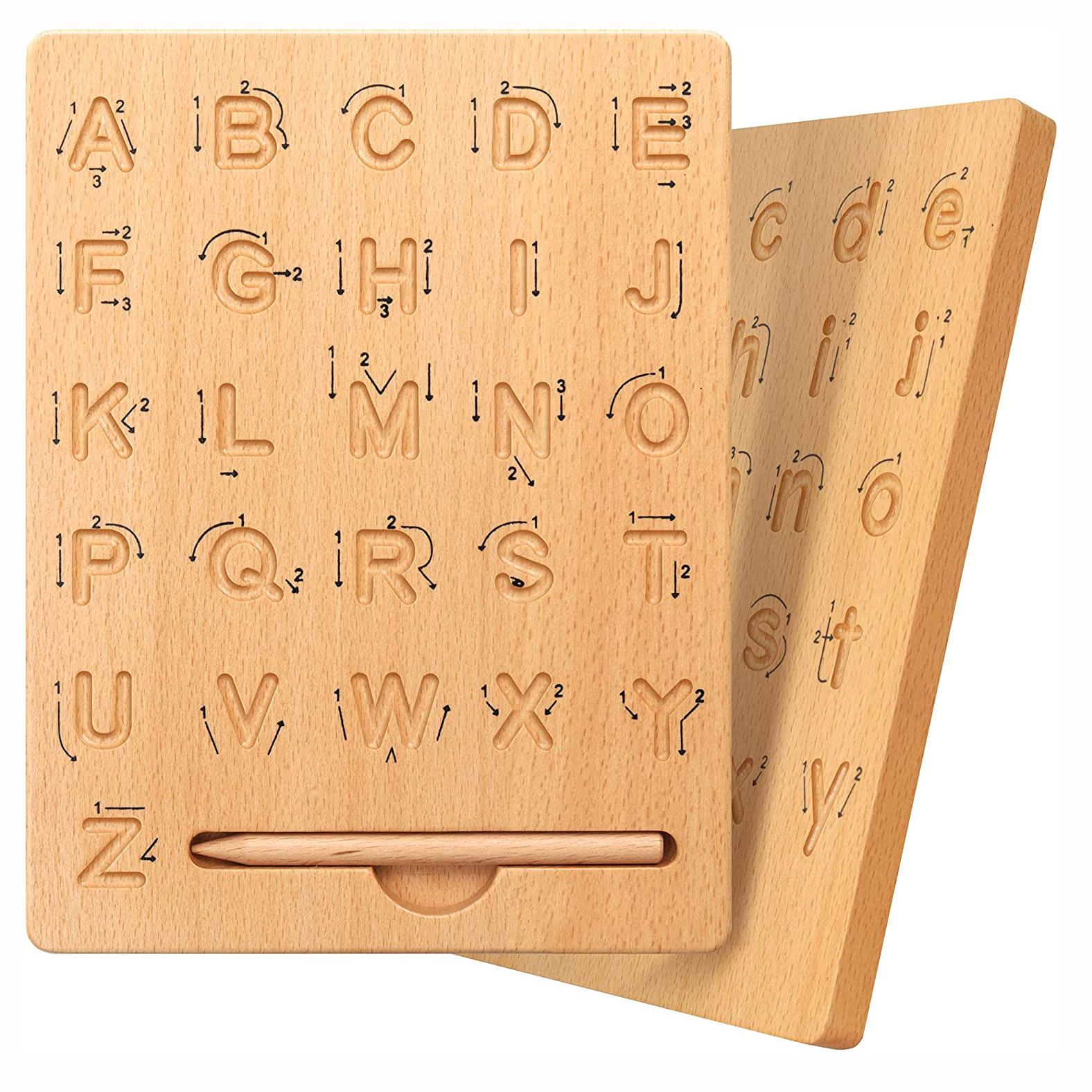 FourAll-Toys, Kids & Baby Wooden Letters Practicing Board,Double-Sided Alphabet Tracing Tool Learning to Write ABC Educational Toy Game Fine Motor Montessori Gift for 4 5 Years