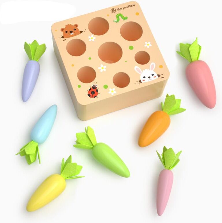 FourAll-Toys, Kids & Baby Montessori Toys, Macron Carrot Harvest Game Wooden Toy,Baby Boys and Girls, Educational Learning Shape Sorting Matching Gifts for Babies for Age 1-3