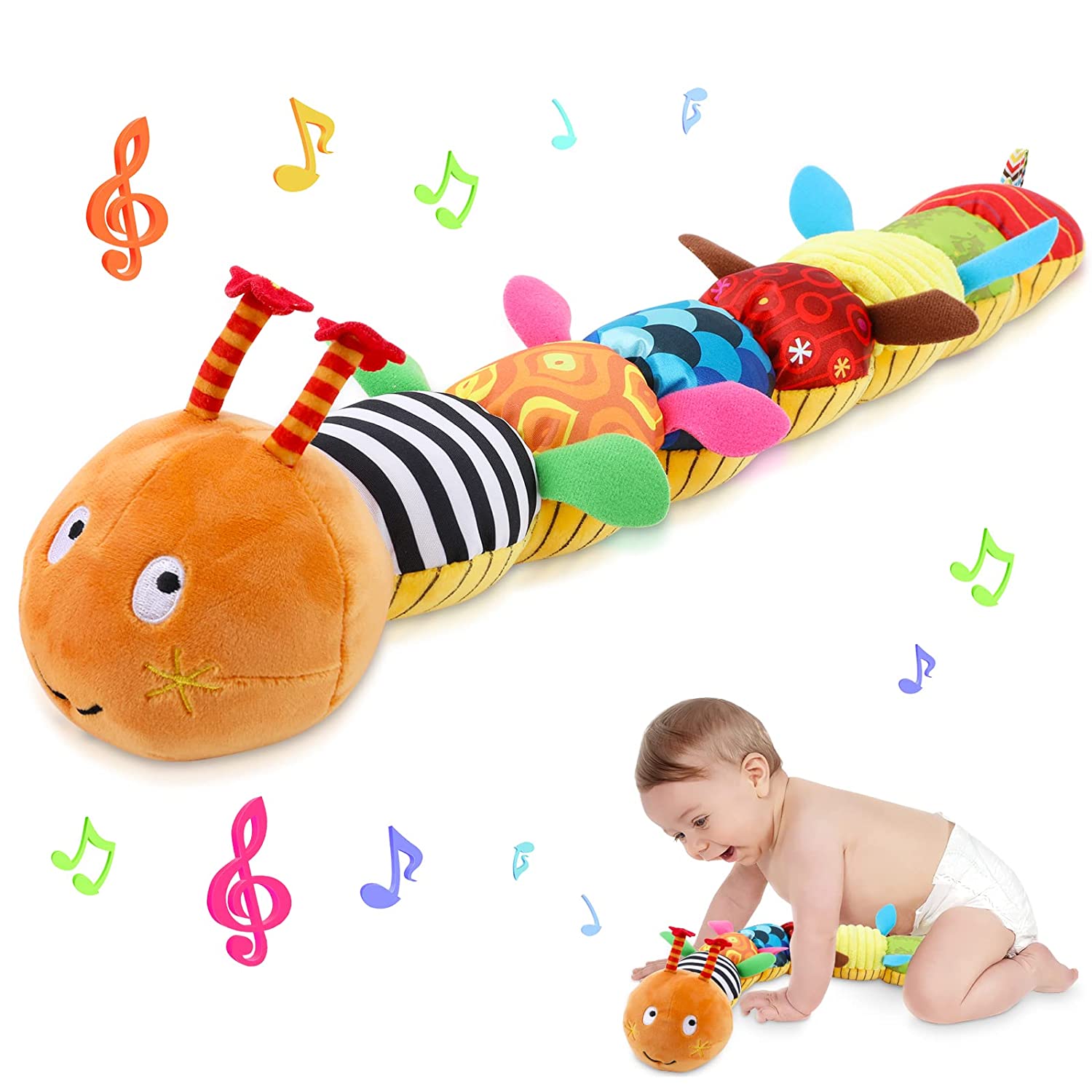 Thriving Toys Baby Musical Caterpillar Stuffed Animal Toys, Infant Soft Plush Toy with Multi-Sensory Crinkle, Rattle&Textures for Babies Newborn Children Gift