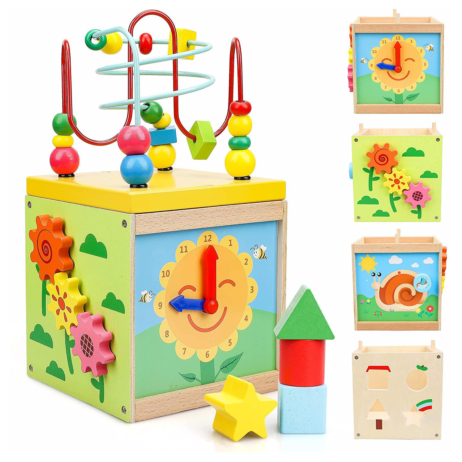 FourAll-Toys, Kids & Baby Wooden Baby Activity Cube for Toddlers Activity Cube Learning Toys, With Busy Cube Bead Maze Educational Toys for 1+ Year old 9 10 Month Old Baby