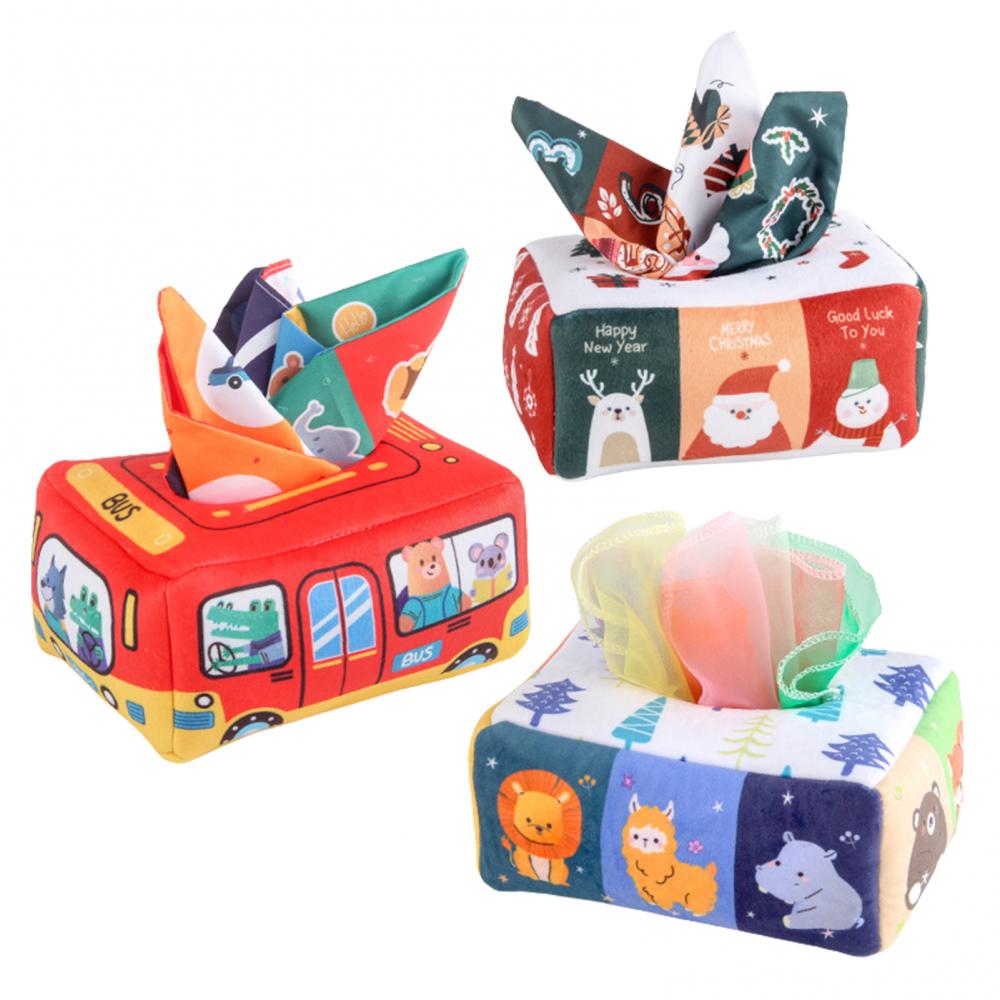 minzhizhen-zeng Baby Tissue Box Toy Soft Stuffed High Contrast Crinkle Square Sensory Toy 3 Double-sided Sound Paper & 8 Square Towel Boys & Girls Early Learning Gift