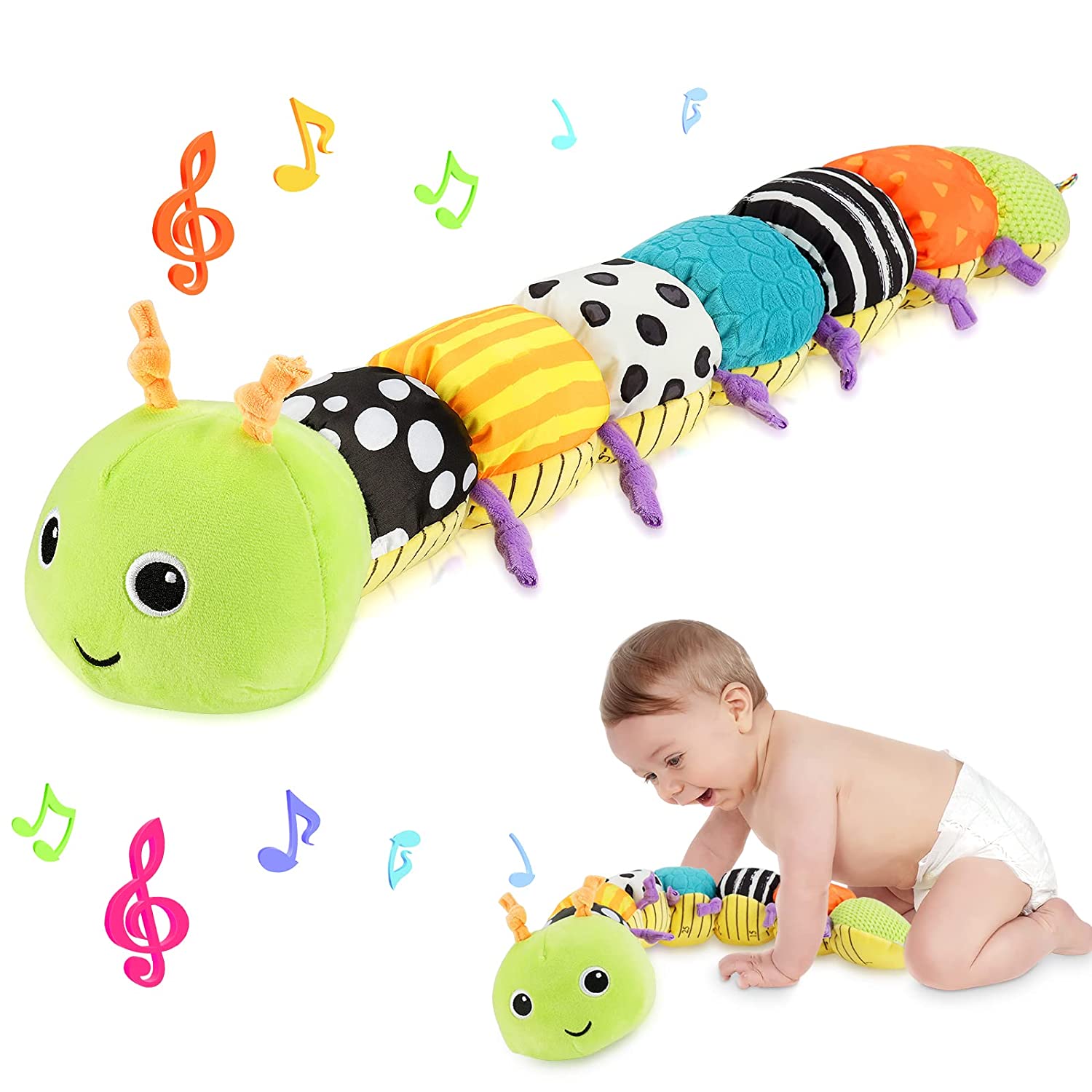 FourAll-Toys, Kids & Baby Musical Caterpillar Stuffed Animal Toys Infant Soft Plush Toy with Multi-Sensory Crinkle,Rattle & Textures for Babies 0-12 Months Newborn Children