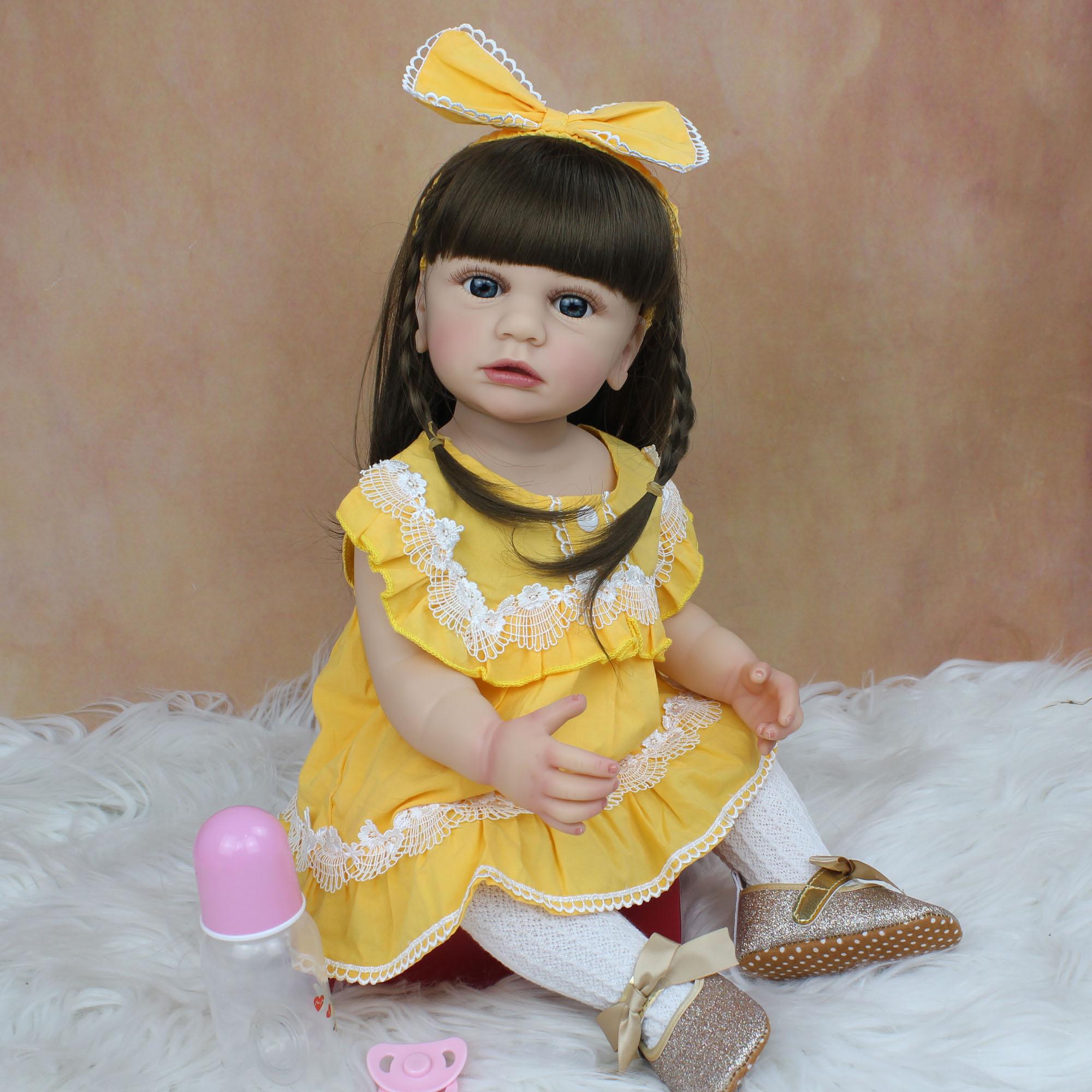 BZDOLL Reborn BZDOLL 55CM New Full Silicone Reborn Baby Girl Doll Toy 22 Inch Vinyl Classic Dress Up Boneca Birthday Gift Bathe Toy