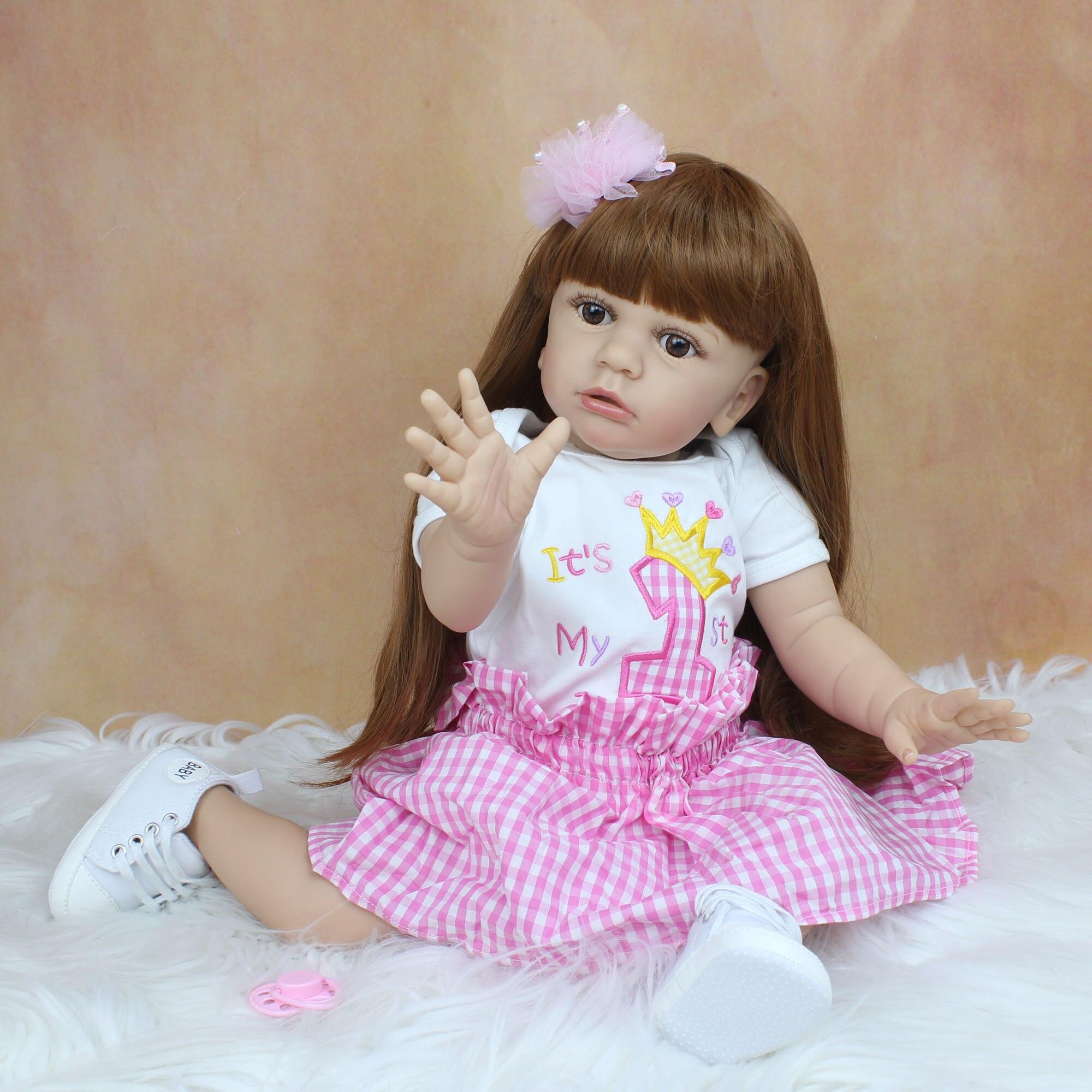 BZDOLL Reborn BZDOLL 60CM Silicone Reborn Sweet Baby Doll Toy Like Real 24 Inch Vinyl Long Hair Princess Toddler Play House Bebe Dress Up Boneca