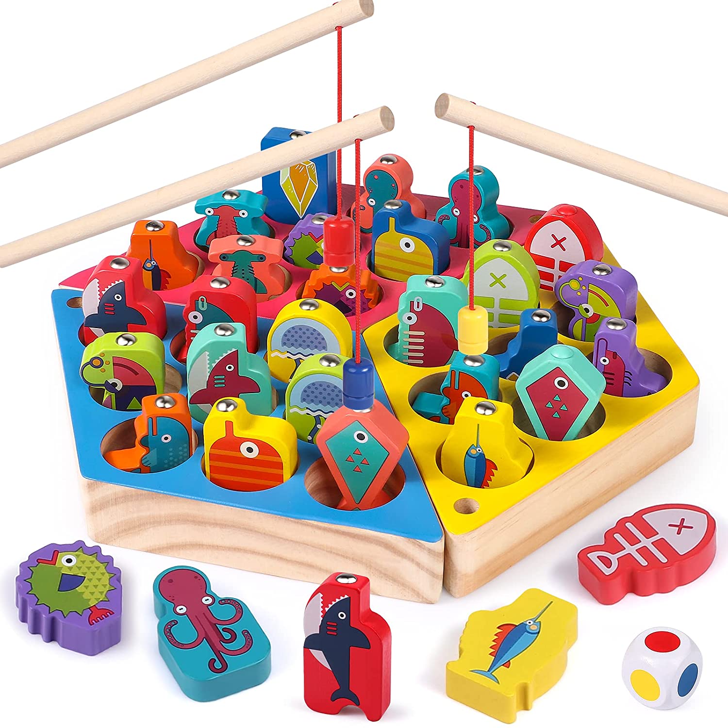 FourAll-Toys, Kids & Baby 3 in 1 Magnetic Fishing Game Wooden Toddler Toys Preschool ABC Alphabet Cognition Fish Board Games Math Toys for 3 4 5Year Old Girl Boy Kids Gifts