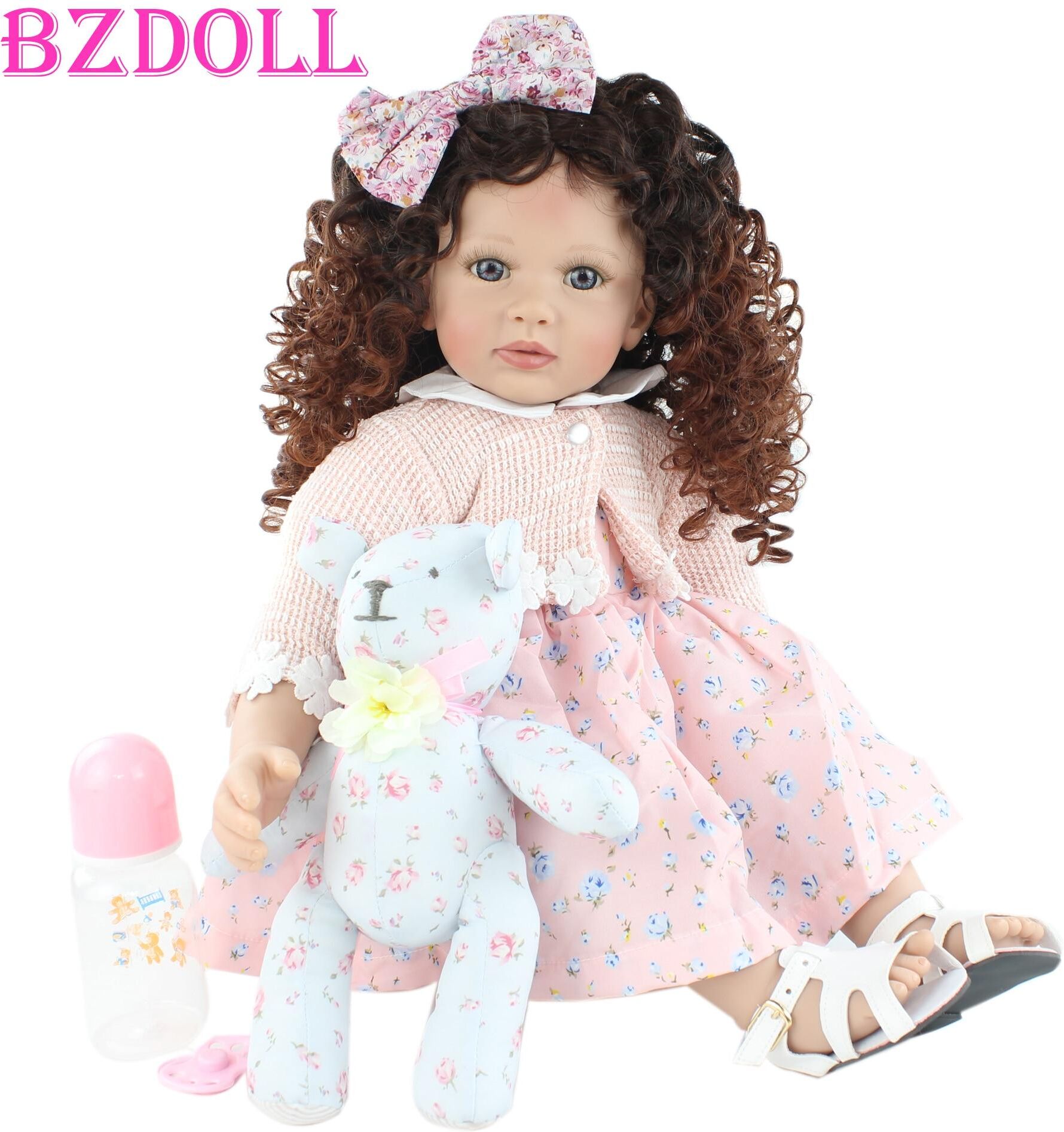 BZDOLL Reborn BZDOLL 60 CM Soft Silicone Reborn Toddler Doll Toys For Girl Curly Hair Princess Baby Kids Birthday Gift Play House Toy