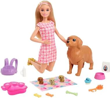 Barbie Doll Newborn Pups Playset with Blonde Doll, Mommy Dog and 3 Puppies, Kids Toys, Multicolor