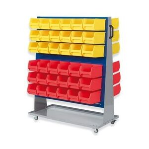 PROREGAL ProfiDrop Systemwagen auf Rollen mit blauen Systemplatten & 72x rote und gelbe Sichtlagerbox 3.0   HxBxT 130x100x50cm