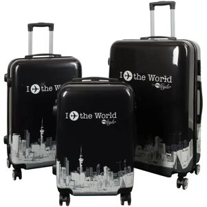 Borg Living Kuffertsæt - 3 Stk. - Kuffert med motiv - New York city - Black - Hardcase letvægt kuffert med 4 hjul