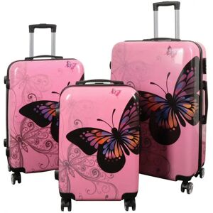 Borg Living Kuffertsæt - 3 Stk. - Kuffert med motiv - Sommerfugl lyserød - Hardcase letvægt kuffert med 4 hjul
