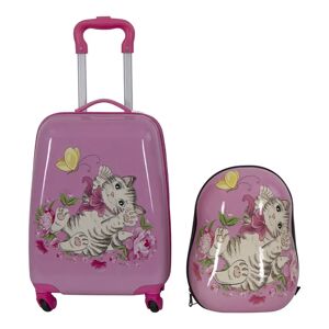 Borg Living Børnekuffert - Kabinekuffert på hjul med rygsæk - Pink med motiv af en killing - Rejsesæt til børn