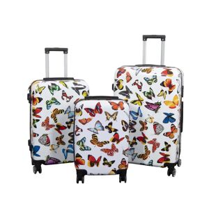 Borg Living Kuffertsæt - 3 Stk. - Kuffert med motiv - Hvid med sommerfugle print - Hardcase letvægt kuffert med 4 hjul