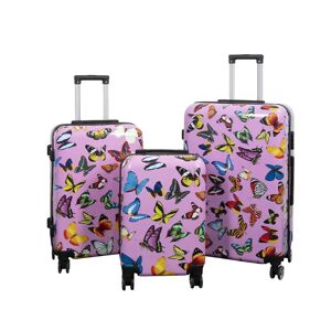 Borg Living Kuffertsæt - 3 Stk. - Kuffert med motiv - Pink med sommerfugle print- Hardcase letvægt kuffert med 4 hjul