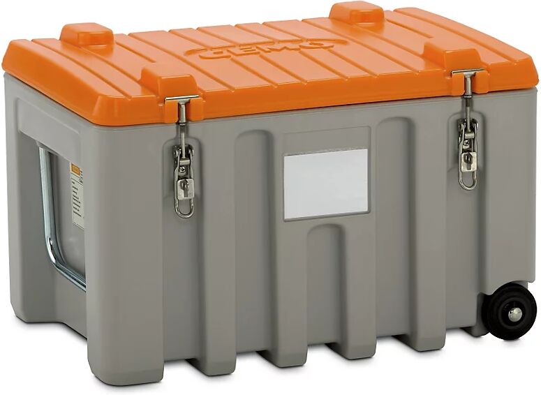 CEMO Caja universal de polietileno, capacidad 150 l, trolley, gris / naranja