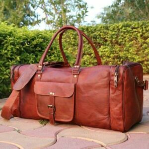 Sac de week-end de voyage de nuit en cuir de chèvre véritable marron fait à la main - Publicité