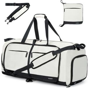 Lekesky Sac de Voyage Femme 60L Léger et Pliable Sac Weekend, Sac Avion Valise, Sac de Bagage à Main étanche/Sac de Sport Homme et Femm(Blanc et Noir) - Publicité