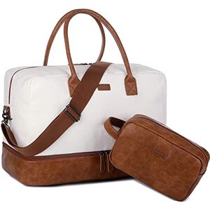 Baosha Sac de voyage en toile pour femme Sac de week-end Bagage à main avec compartiment à chaussures et trousse de toilette HB-10, Blanc/beige - Publicité