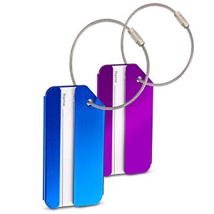 SWISSONA 2 étiquettes de bagages en bleu et lila en métal robuste I étiquettes de valises, étiquettes de voyage - Publicité