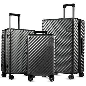 LUGGEX Set de Valise Trolley 3 pièces à 4 roulettes Valise à Coque Rigide Extensible en Polycarbonate avec Serrure TSA, Set de Valise pour Voyager sans Effort, S-M-L (Noir) - Publicité