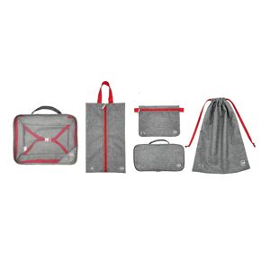 Joia Home JoiaHome Organizer set 5 pezzi – 5 sacchetti da viaggio per valigia – Sacchetti porta abbigliamento, caricatori e cavi, scarpe, intimo e beauty case – Grigio con finiture rosse