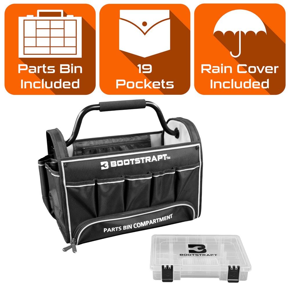 BOOTSTRAPT 18 in. Contractor's Tote Bag with Integrated Parts Bin Compartment and Waterproof Rain Cover
