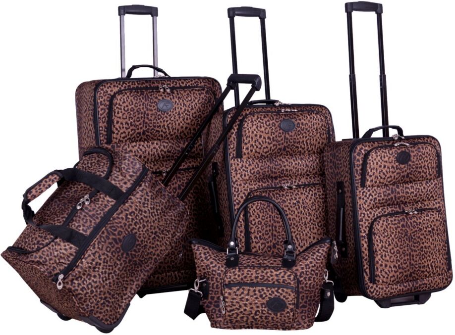 American Flyer Animal Print 5 Piece Spinner Luggage Set - Dark Brown