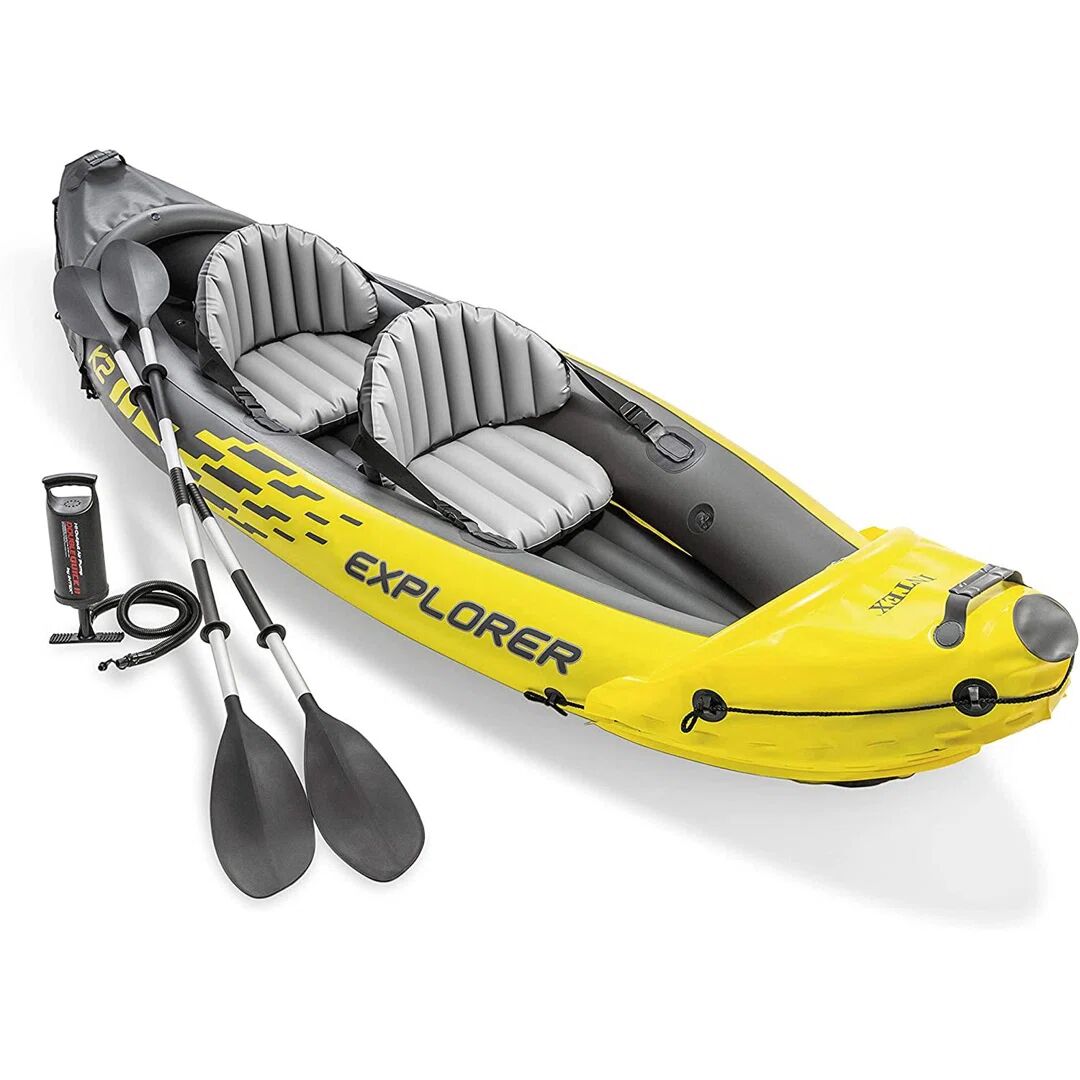Intex Explorer K2 Inflatable 2 Person Outdoor Kayak Set With Oars And Hand Pump