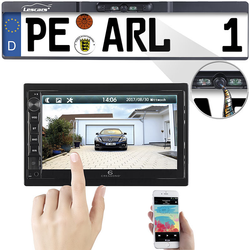 Creasono 2-DIN-MP3-Autoradio mit Touchdisplay und Funk-Rückfahr-Kamera