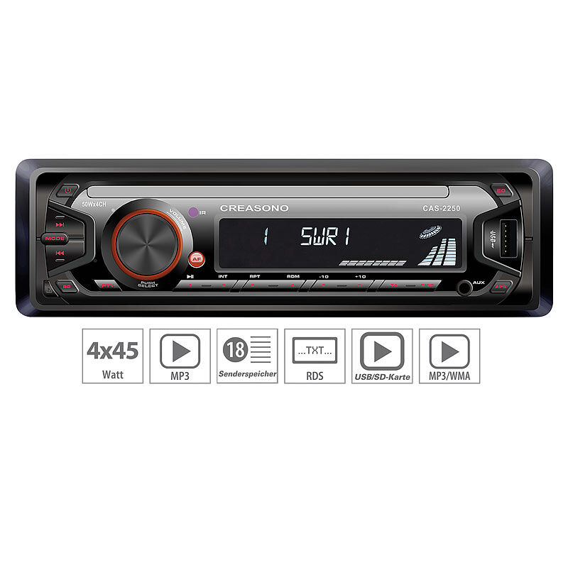 Creasono MP3-RDS-Autoradio CAS-2250 mit USB-Port & SD-Slot, 4x 45 W