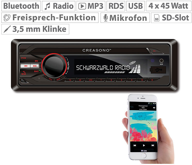 Creasono MP3-RDS-Autoradio CAS-3300.bt mit USB, SD, BT & Freisprecher