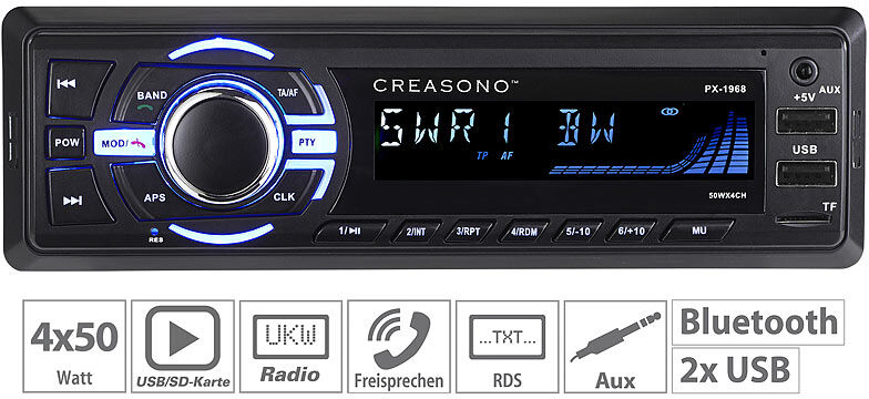 Creasono MP3-Autoradio, Bluetooth, Freisprechfunktion, RDS, 2x USB, SD, 4x 50 W