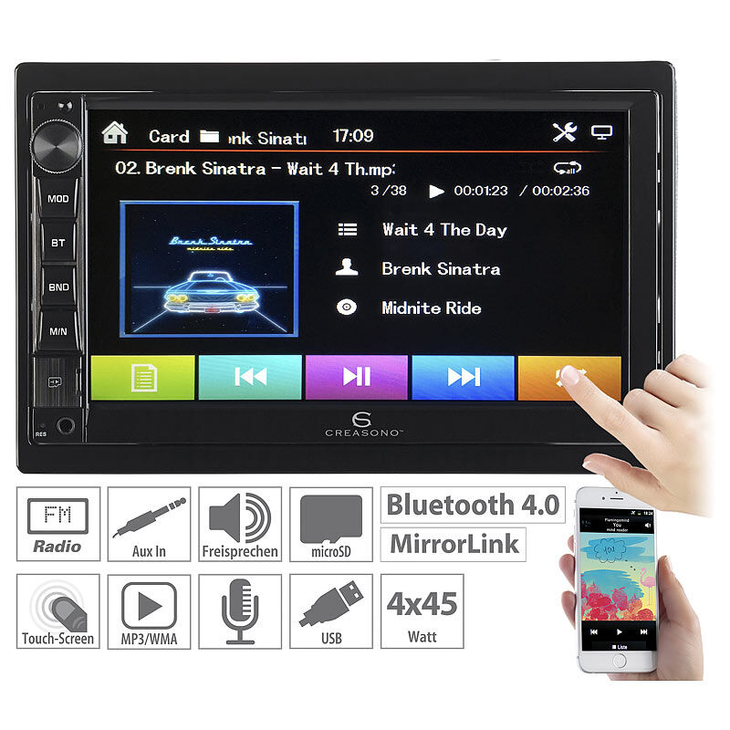 Creasono 2-DIN-MP3-Autoradio mit Touchdisplay, Bluetooth, Freisprecher, 4x 45 W