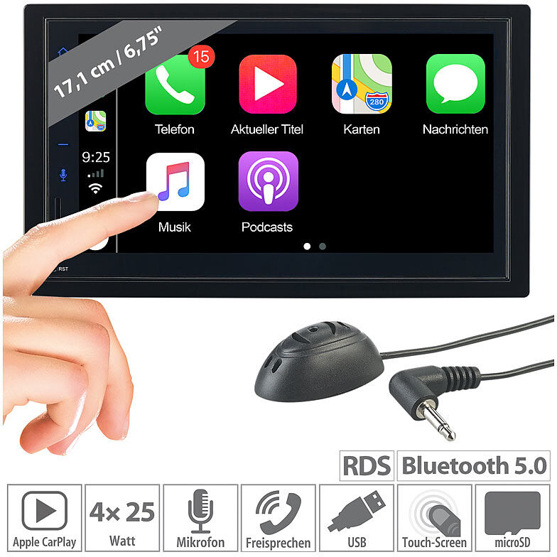 Creasono 2-DIN-Autoradio mit Freisprechfunktion, Apple CarPlay, 17,1-cm-Display