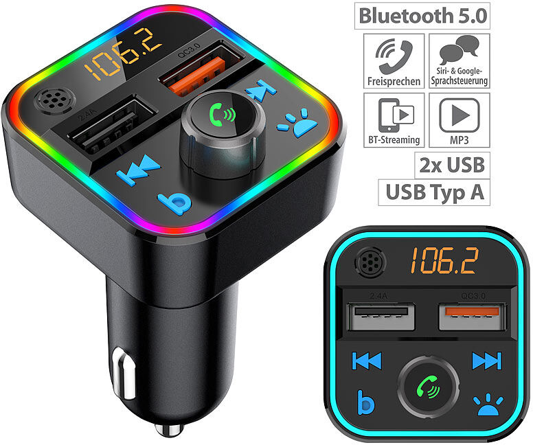 auvisio Kfz-FM-Transmitter mit Bluetooth 5, Freisprecher, MP3, 2 USB-Ladeports