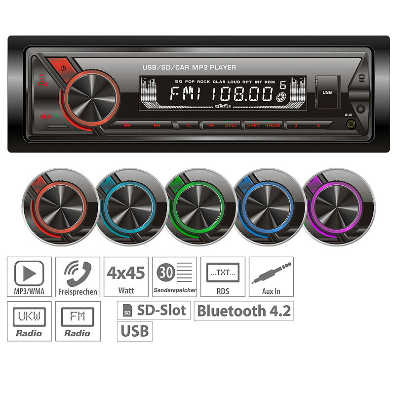 Creasono MP3-Autoradio mit Bluetooth & Freisprechfunktion, RDS, USB, SD, 4x45 W